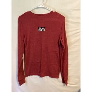 2091 Aeropostale Long Sleeve Aero Box Logo Stretch Graphic Tee Maroon Size XS